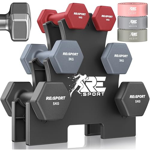 RE:SPORT® Hantel-Set 3 Paar, 1kg - 5kg, 12kg oder 18kg mit Ständer & 3x Fitnessbänder | Rutschfeste Neopren Kurzhanteln für Damen & Herren | Hanteln Hantelset (Magenta/Nebelgrau/Schwarz, 18 kg)