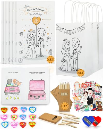 Lot de 12 Kits Cadeau Mariage pour Enfants avec Livres de Coloriage et d'Activités, Sacs à Offrir, Crayons – Activités Ludiques pour Occuper les Enfants – Cadeau Original et Accessoires pour la Fête