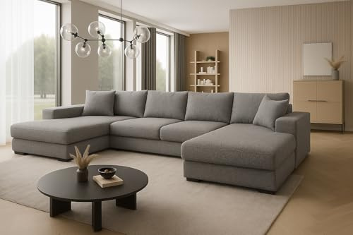 A&J MöbelLand Ecksofa VIENA 328x182 cm mit Schlaffunktion, Bonellfederkern und Bettkasten in Silberfarben – modernes Schlafsofa mit Stauraum