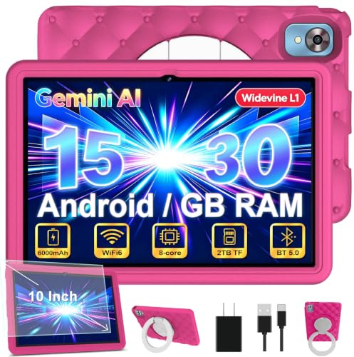 DMOAO Tablette Enfants 10 Pouces Android 15 avec 30Go RAM (TF 2To), 5G WI-FI 6, Widevine L1, Contrôle Parental, 8-Core, Tablette Tactile avec Coque Antichoc EVA + Support Rotatif à 360°,Rose Rouge