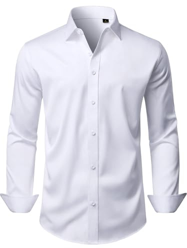 DEMEANOR White Dress Shirts for Men Long Sleeve Wrinkle Free Stretch Business Formal Wedding Button Down Shirt L