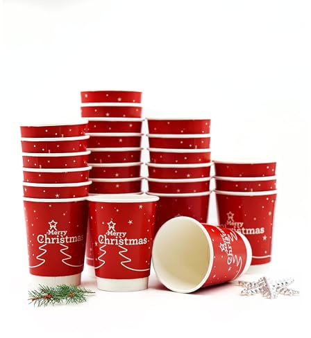 Nicoman Christmas Paper Cups 8oz with Tree Design, Disposable Hot Beverage Cups (Cups 8oz, Pack of 50)