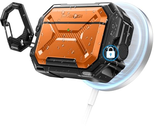 MOBOSI for AirPods Pro 3 Case [IP68 Waterproof Case for iPods Pro 3&Compatible with MagSafe] Military Grade Protective Earpods Pro3 Cover with Secure Lock, Keychain & Phone Stand (2025),Orange