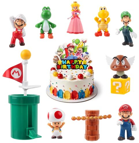 Figuren Set Cartoon Tortenfiguren Set mit Cake Topper und Mini Figuren, Super Bros Theme Happy Birthday Kuchendecko, Geburtstagsfeiern Tortendeko Deko Supplies für Kinder Junge