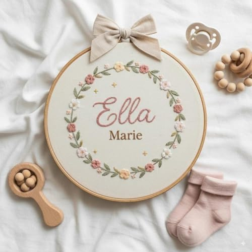 Personalisierte Boho-Stickrahmen mit Blumennamen, personalisiertes Geschenk für Neugeborene oder Babyparty, individuelles Basteln, Kinderzimmer-Dekoration (25 cm 9,8)