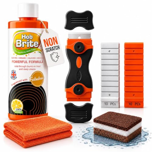 Hob Cleaner 250ml Kit – Non Scratch Ceramic & Induction Hob Cleaner | Bundled with Non Scratch Sponges, Washing Up Pads, Microfiber Cloth, Scraper Tool, For Ceramic Induction Electric Glass Hobs