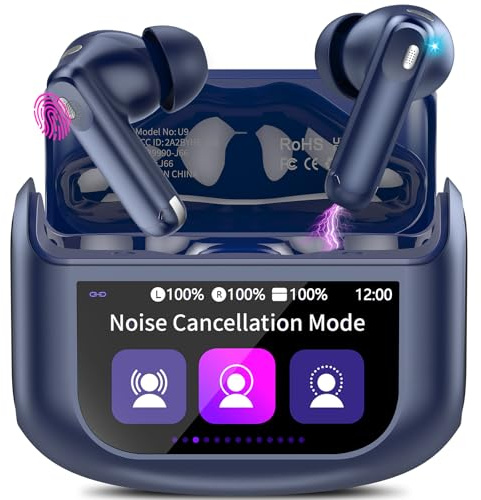 Thunelec Wireless Earbuds, Bluetooth 5.4 Ear buds with Multifunctional Touch Screen, 48H Bass Stereo Headphones with ANC/ENC Noise Cancelling/Transparency mode, IPX7 Earphones with 5 EQ Modes, Blue
