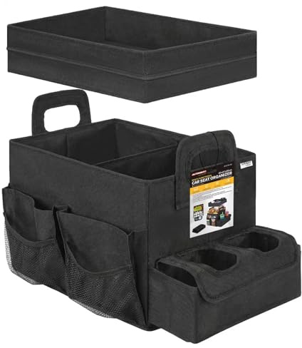 Car Seat Organiser with Lid & Cup Holder - Front Seat Backseat Boot Storage | Foldable Car Tidy Organiser Box with Multiple Side Pockets, Detachable Dividers Cooler Compartment