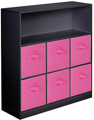 URBNLIVING Wooden Wide 7 Cubed Cupboard Bookcase Storage Units Shelves 6 Drawers Baskets (Dark Pink Drawer, Black Bookcase)