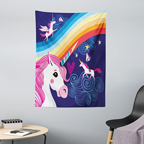 ABAKUHAUS Einhorn Wandteppich, Mythische Tiere in The Sky aus Weiches Mikrofaser Stoff Waschbar ohne Verblassen Digitaldruck, 110 x 150 cm, Dunkelblau Rosa