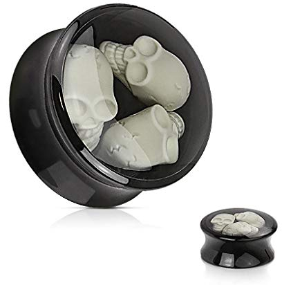 Treuheld® | 20mm Totenkopf Ohr Plug/Flesh Tunnel | Schwarz-Weiß/Transparent | Double Flared | Ohne Gewinde | Spezial 3D Skull Schädel Motiv