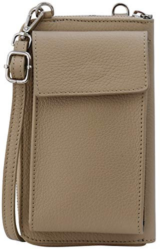 SH Leder Damen Handytasche Umhängetasche Geldbörse Multifunktion Beutel aus Echtleder Verstellbar Schultergurt Handy bis 6,8 Zoll 11,50x19cm Sarah G339 (Helltaupe)