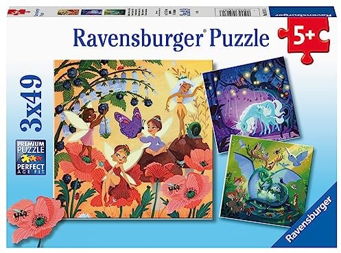 Ravensburger Kinderpuzzle - 05181 Einhorn, Drache und Fee - Puzzle für Kinder ab 5 Jahren, mit 3x49 Teilen