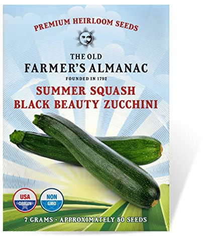 The Old Farmer's Almanac Heirloom Summer Squash Seeds (Black Beauty Zucchini) - Approx 50 Seeds - Non-GMO, Open Pollinated, USA Origin