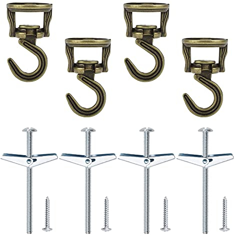 INCREWAY Swivel Swag Hooks, 4 Set Heavy Duty Swivel Ceiling Hooks, Ceiling Mounting Hooks with Hardware Screws and Toggle Wings for Hanging Plants, Chandeliers Baskets (Antique Brass)