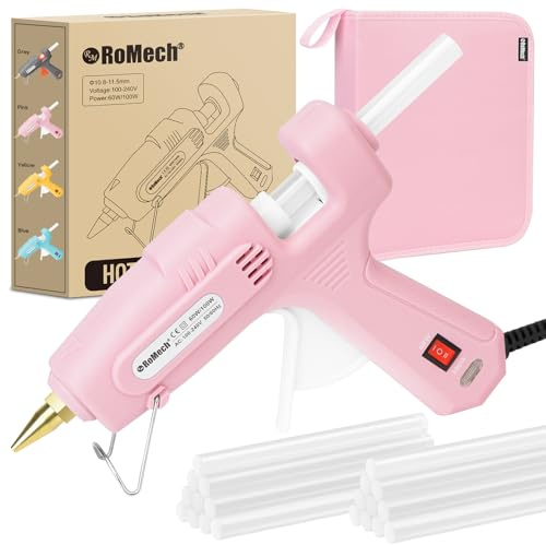 ROMECH Full Size Hot Glue Gun with 60/100W Dual Power and 21 Hot Glue Sticks (7/16), Fast Preheating Heavy Duty Industrial Gluegun with Storage Case for Crafting, DIY and Repairs (Pink)