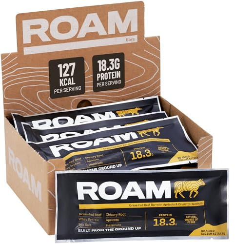 ROAM Natural Protein Bars, Meal Replacement Keto Bars, 6 x 45g Beef Bar & Healthy Snacks, Ideal For Carnivore Diet, Gluten Free Keto Sticks (Apricot & Hazelnut)