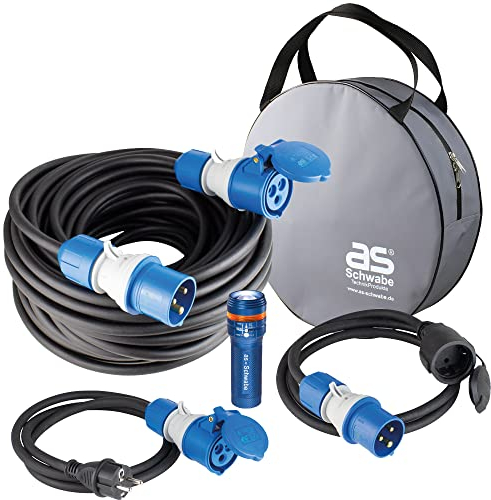 as - Schwabe Camping Set 5-teilig - 25 m CEE Camping Verlängerungsleitung mit CEE Stecker und CEE Kupplung - Kabelschutztasche - 2 x je 1,5 m Camping Adapterleitung - LED Taschenlampe 100 Lumen, 19705