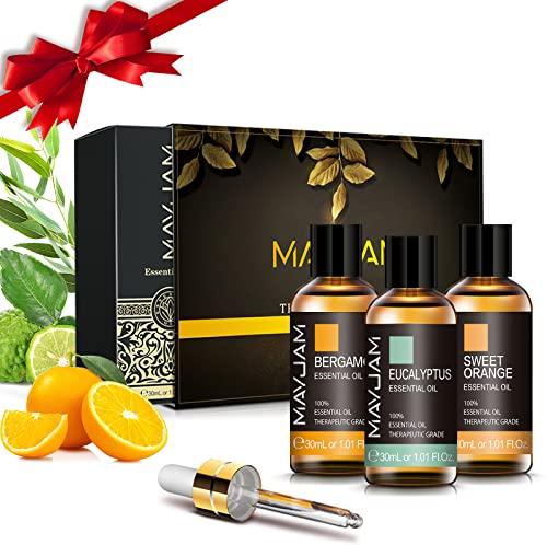 MAYJAM Aceites Esenciales Juego de Regalo 3 * 30ml Bergamota Eucalipto Naranja Dulce Aceites Esenciales, Aromaterapia Aceites Esenciales Set de Regalo para Difusor, Humidificador