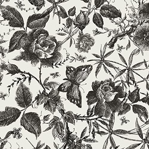 JiffDiff Floral Wallpaper Peel and Stick, Black and White Vintage Wall Stick Black Rose Removable Vinyl Wallpaper Sketch Floral Wall Mural for Bathroom Bedroom Wedding 393.8'' x 15.7''