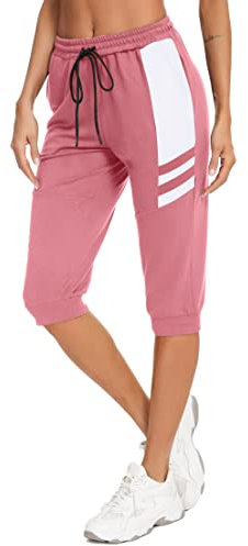 Terecey Pantalon Sport Femme Léger 3/4 Pantacourt Jogging Décontracté Respirant et Confortable Pantalon de Sport Femme Taille Haute avec Cordon de Serrage et Poches