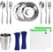 EMAGEREN Set de Cubiertos para Llevar 14 en 1 Vajilla de Acero Inoxidable para Camping Portátil para 2 Personas Juego de Cubiertos para Camping con Plato Taza Cuchara Tenedor Cuchillo Bolsas