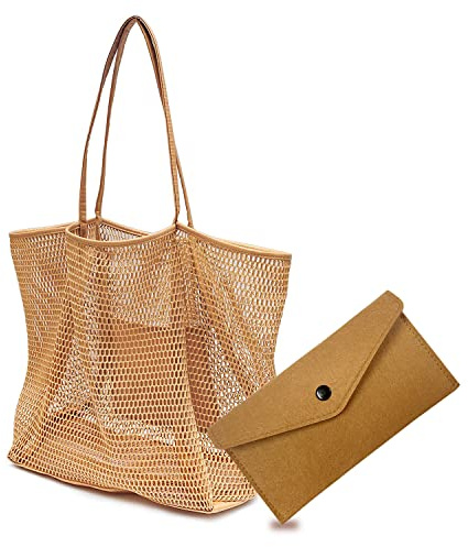 TIANNAIT 1 Artikel Strandtasche aus Mesh mit 1 Artikel Münzfach aus Filz, faltbare Netz-Umhängetasche mit großer Kapazität, Sommer-Strandtasche, perfekt für Strandparty, Reisen, Picknick, Einkaufen