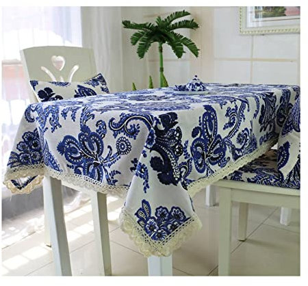 EHOMERY Tovaglia Lino Petrolio Telo Copritavolo Rettangolare Porcellana Bianca Blu Modello Vintage Phoenix Economica da Esterno Cotone Lino Blu Bianco Protezione Cucina 140X200Cm