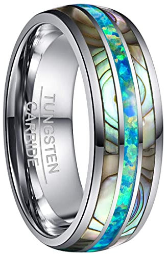 GALANI Ring für Herren Damen 8mm Silber Wolfram Ring mit Grün Opal und Muschel, Unisex Verlobungsringe Eheringe Partnerringe Jubiläumsring Mode Schmuck Comfort Fit Größe 72(22.9)