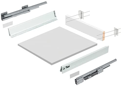 Cajón de cocina con guías laterales de auto freno y maderas de montaje base y trasera incluidas, rieles de hasta 50 kg de peso, color en blanco, fondo de 50 cm (MODULO - 50)
