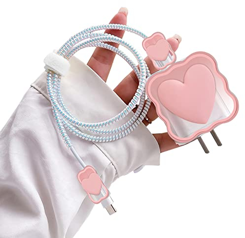 Hübsch Wellenförmiges der Kabelschutz Serie mit 3D-Herzmuster für iPhone Ladegerät, Datenleitung Draht Saver USB Ladekabelschutz Kabel Ladegerät Schutzkabel, Anti-Biss von Hunden und Katzen [Rosa]