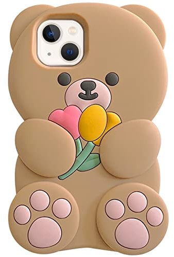 UnnFiko Phone Cases for iPhone 11 for Women Girls, 3D Silicone Retro Classic Creative Soft Rubber Bumper Cover Cool Fun Thick Protective Case Apply to iPhone 11 (Tulip Bear Brown)