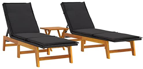 vidaXL Garten Lounge Set 3-TLG., Gartenmöbel Set mit Kissen, Sitzgruppe für Garten Terrasse, Sonnenliege Verstellbar Tisch, Poly Rattan Massivholz Akazie