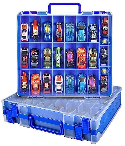 Toy Car Storage Organizer Case Compatible with Hot Wheels/for Matchbox Cars. Display Carrying Container Holder for LOL Surprise Dolls/for Shopkins with 48 Compartments Double Sided -Blue (Box Only)
