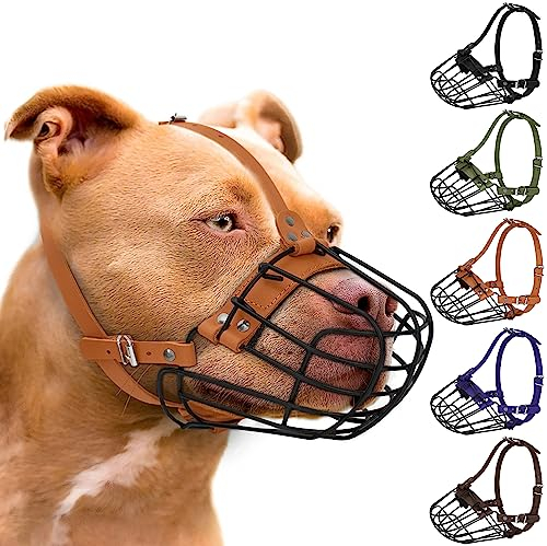 Pitbull Maulkorb für Hunde, atmungsaktiv, Metallkorb für große Hunde, Amstaff Staffordshire Terrier, sichere Drahtmaske, verstellbar, langlebig, Lederriemen, Beißen, Kauen, Bellen (Braun)