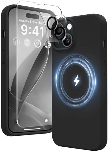 GONEZ Magnetic for iPhone 15 Case [Compatible with Magsafe] [1 Screen Protector + 1 Camera Protector], Anti-Scratch Microfiber Lining Shockproof Protective Silicone Phone Cover 6.1, Black