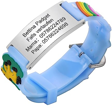 Notfallarmband SOS Armband Kinder Telefonnummer - Blau Silikon Anti Verloren Kinder Namenarmband Identifikationsarmband Kinderarmband Personalisiertes Silber ID Armband für Mädchen Jungen