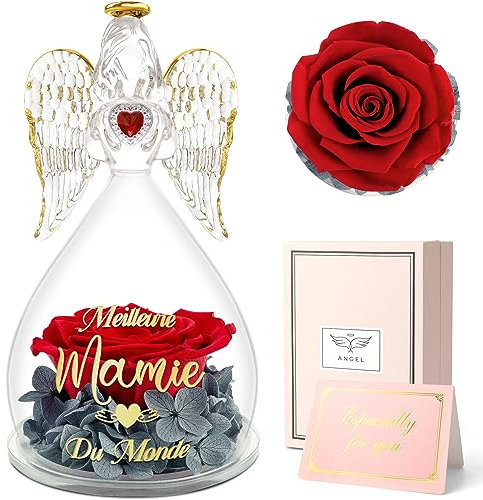 Sunia Cadeau Fete des Grand Mere, Cadeau Mamie Ange Rose Eternelle avec l'inscription Meilleure Mamie du Monde, Fleur Eternelle avec Ange Figurine, Cadeaux pour Grand Meres, Cadeau Anniversaire Mamie