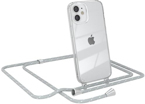 EAZY CASE Handykette kompatibel mit iPhone 12 Mini Handyhülle mit Umhängeband, Handykordel mit Schutzhülle, Silikonhülle, Hülle mit Band, Stylische Kette für Smartphones, Grau/Weiß - Clips Silber