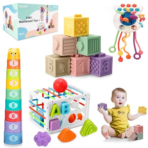 RZKHRT 4 in 1 Baby Montessori Spielzeug ab 6-12 Monate, Sensorik Spielzeug ab 1 Jahre, Stapelturm & Stapelbecher, Zugschnur Spielzeug, Formensortierspiel, Lernspielzeug Geschenk für Jungen Mädchen