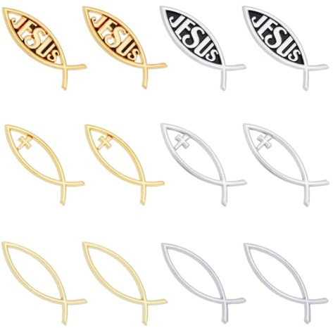 SUPERFINDINGS 12 Stück 2 Farben Kleiner Jesus Fisch Auto Emblem Gold Acryl Kreuz Fisch Aufkleber Aufkleber Platium Wasserdicht Liebe Frieden Autoaufkleber 16x50x6mm