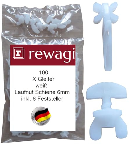 rewagi 100 X Gleiter & 6 Feststeller, Überklipshaken, Faltenhaken, Gardinenhaken für Gardinenschiene