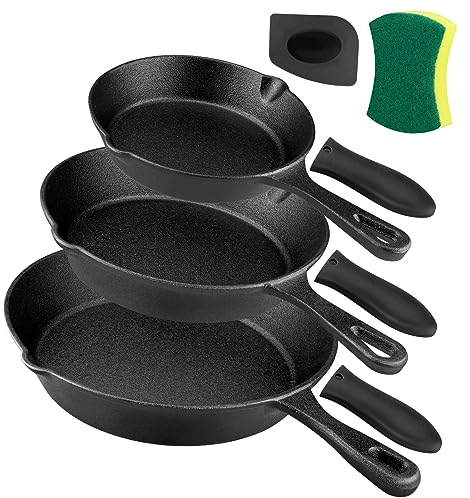 Goeszooin Pre-Seasoned Cast Iron Skillet Set -3 Piece 6 inch, 8 inch and 10 inch Cast Iron Pan, with Silicone Handles+Scraper+Dish Sponge - Indoor and Outdoor Use - Oven Grill Stovetop Safe Cookware