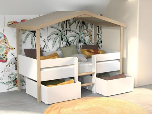 Lit cabane mi-hauteur 90x190 sommier et tiroirs inclus Kayla - Bois et Blanc