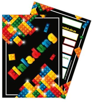 Limonia 12 Einladungskarten zum Kindergeburtstag Einladung Geburtstag Jungen Mädchen Unisex Bausteine Bauklötze bunt schwarz