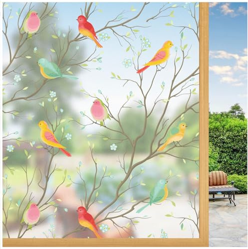 Lifetree Stained Glass Window Film Privacy for Glass, Clear, 75 * 200cm | Glue-Free Static Cling, UV-Block Protection, Removable No Residue, Bird Decorative Patterned Window Film for Home & Office