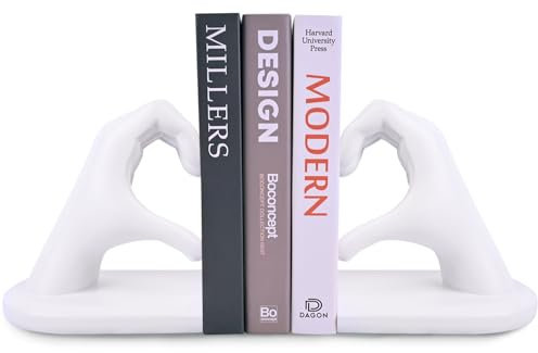 Weiße Buchstützen Set aus Resin - Herz & Hände Skulptur als Buchstütze, dekorative Bookends für Bücherregal | Buchstopper für Wohnzimmer, Home Office & Bibliothek