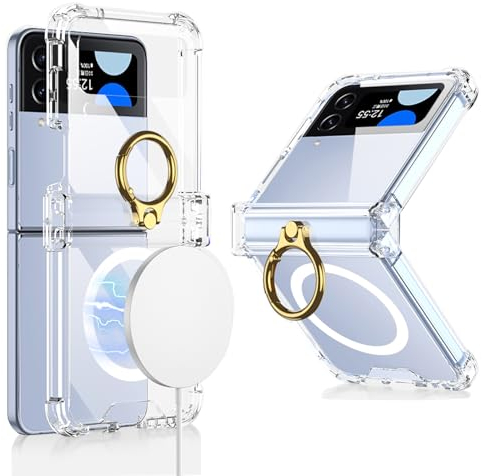 Clatoxi Clear Case for Samsung Galaxy Z Flip 4 with Ring Holder and Hinge Protection, Compatible with Wireless Charger, Slim Transparent Hard PC Case for Samsung Z Flip 4 (Transparent)