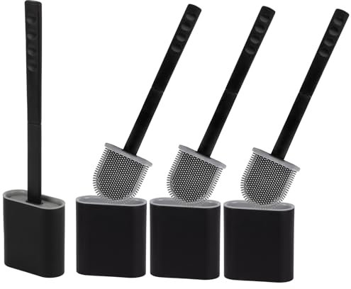 Silicone Toilet Brush With Holder – Pack of 4 Long Non-Slip Handle, Flexible Bristles for Easy Cleaning – Modern Drip-Free Base, Durable Bathroom Black Toilet Brush Set With Holder