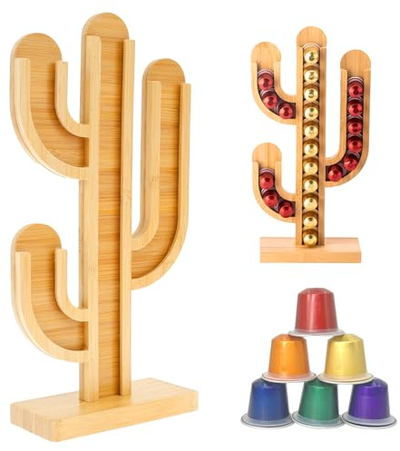 Sutowe Coffee Pod Holder Cactus Shape Coffee Capsule Rack Wood Coffee Pod Organizer Large Capacity Coffee Storage Rack for Home Kitchen Office Countertop